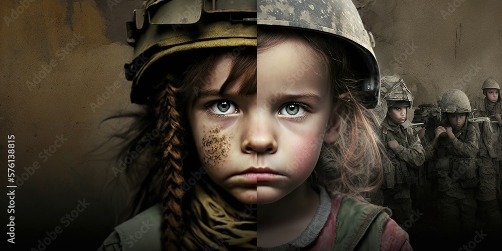 conceptual image of children against the horrors of war, unwillingness to fight, generative AI conceptual image of children against the horrors of war, unwillingness to fight, generative AI