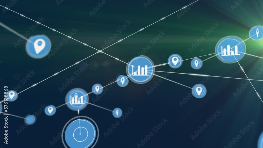 Animation of network of digital icons over green light spot against blue background Animation of network of digital icons over green light spot against blue background
