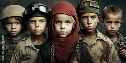 Fotografia conceptual image of children against the horrors of war, unwillingness to fight,