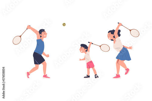 Smiling mom, dad and their son playing tennis together. Happy family training with rackets on court cartoon vector illustration