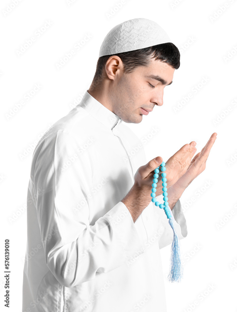 Praying Muslim man on white background Praying Muslim man on white background
