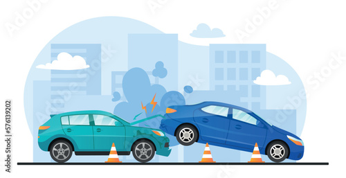 Fototapeta Naklejka Na Ścianę i Meble -  Car crash on road. Accident and tragedy. Broken and smoking vehicles. Violation of rules of conduct on road. Poster or banner for website. Keep safe distance. Cartoon flat vector illustration