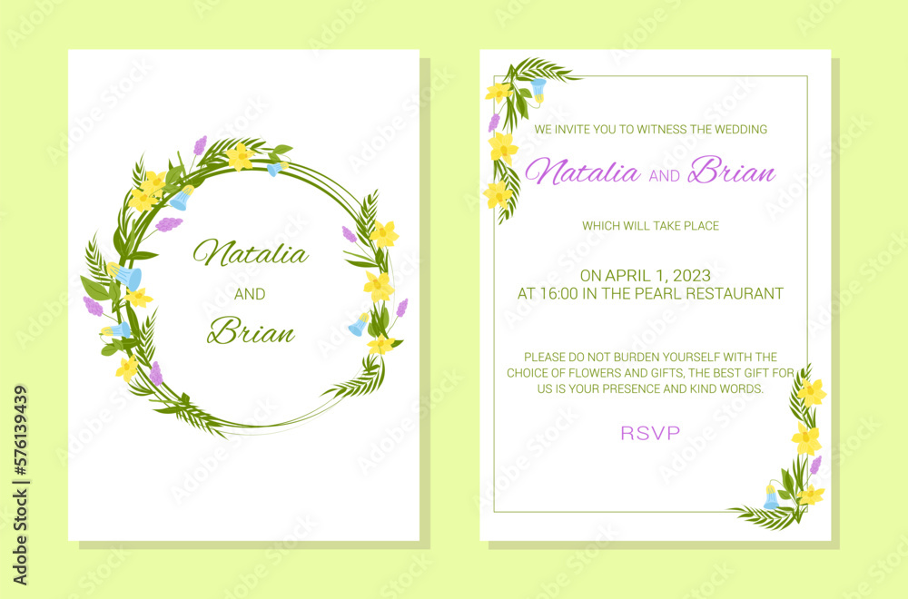 Wedding invitation template. Flower frame and text. The inscription is decorated with a wreath of flowers. Lilac, blue. pink, green colors. Vector illustration.
