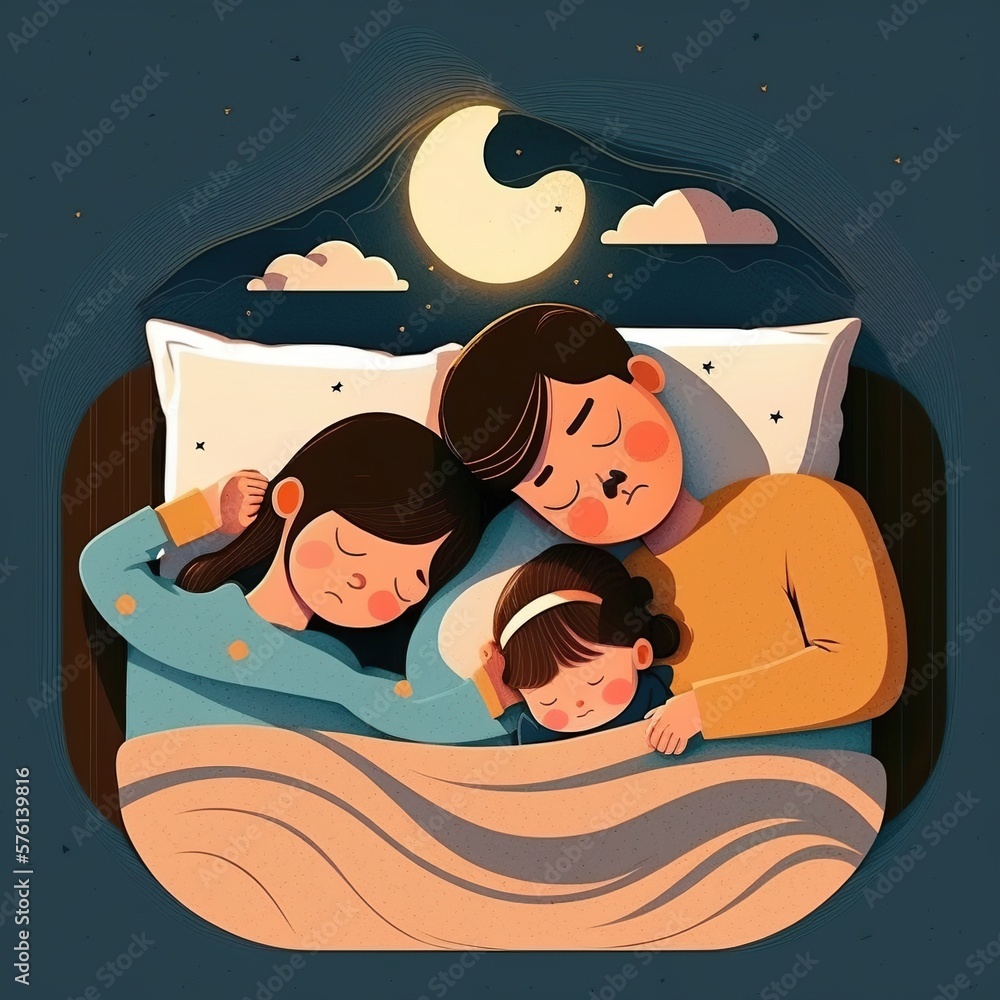 Top view family woman man and baby sleep on bed cartoon, concept of