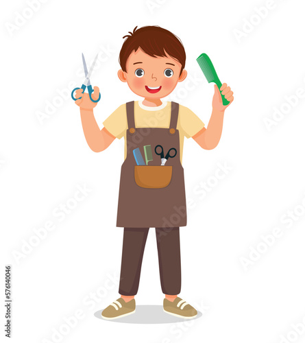 Cute little boy hairdresser holding comb and scissor