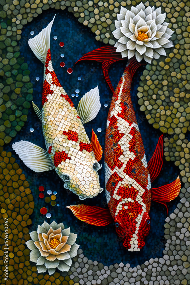 Mosaic Illustration of Two Colorful Koi Fish Swimming Together- Made in Part with Generative AI
