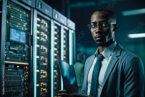 African American IT specialist in server room, copyspace. Generative AI