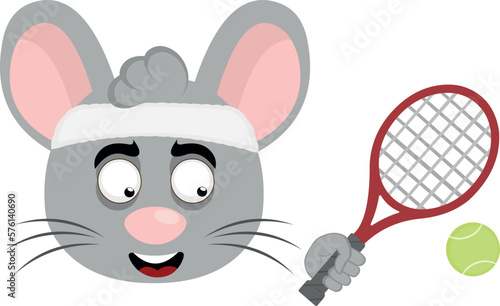 vector illustration face of a cartoon mouse with a cheerful expression, with a racket and a tennis ball