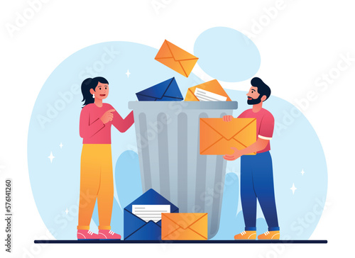 Deleting data concept. Man and girl with envelopes near trash can. Users clear memory of phone, device and gadget. Modern technologies and digital world, optimization. Cartoon flat vector illustration