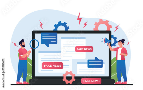 Fake news concept. Man with loupe and woman with loudspeaker on background of laptop. Deception and lies, bad information. Unverified facts, unscrupulous media. Cartoon flat vector illustration