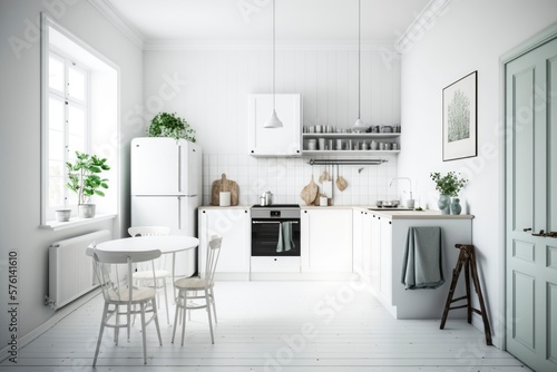 modern kitchen interior design in a house, white colored decoration design, natural light from windows, generative ai, 3D rendered 
