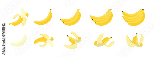 Cartoon bananas. Peel banana, yellow fruit and bunch of bananas. Tropical fruits, banana snack or vegetarian nutrition. Isolated vector illustration icons set 10 eps.
