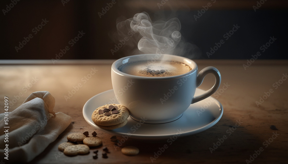 Cup of espresso with cookie on table in coffee shop, AI generated Cup of espresso with cookie on table in coffee shop, AI generated