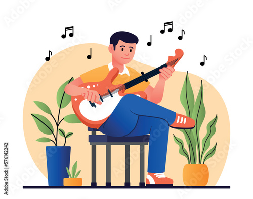 Man playing guitar. Musician practicing and rehearsing song. Skill development, education and training, creative personality acts. Young guy with electric guitar. Cartoon flat vector illustration