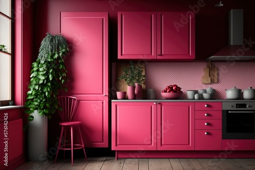 modern kitchen interior design in a house, red colored decoration design, natural light from windows, generative ai, 3D rendered  photo