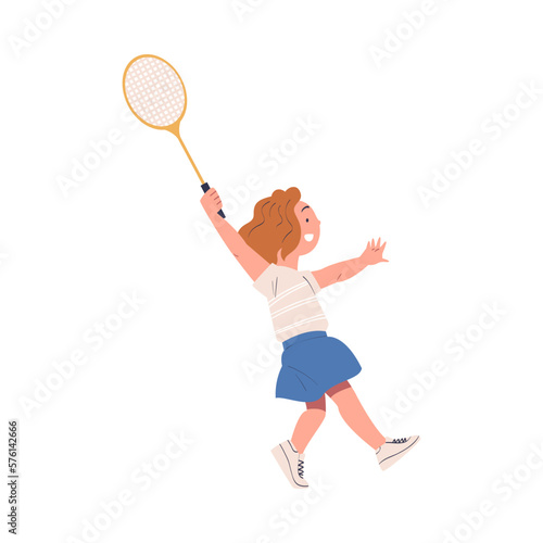 Cute happy little girl playing tennis. Smiling child with racket training on court cartoon vector illustration © topvectors