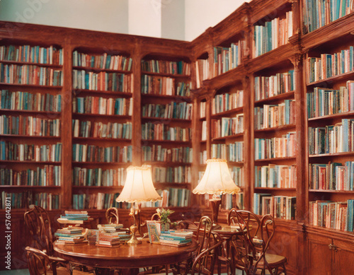 Old library with full of books arranged on bookshelves, Generative Ai