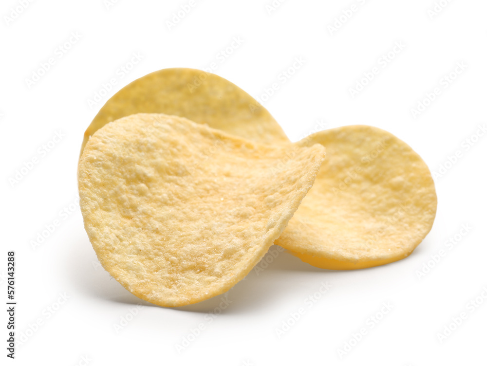 Delicious potato chips isolated on white background Delicious potato chips isolated on white background
