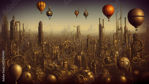 Surrialist steampunk, vintage cityscape with hot air ballons, art nouveau. Genaerative AI.