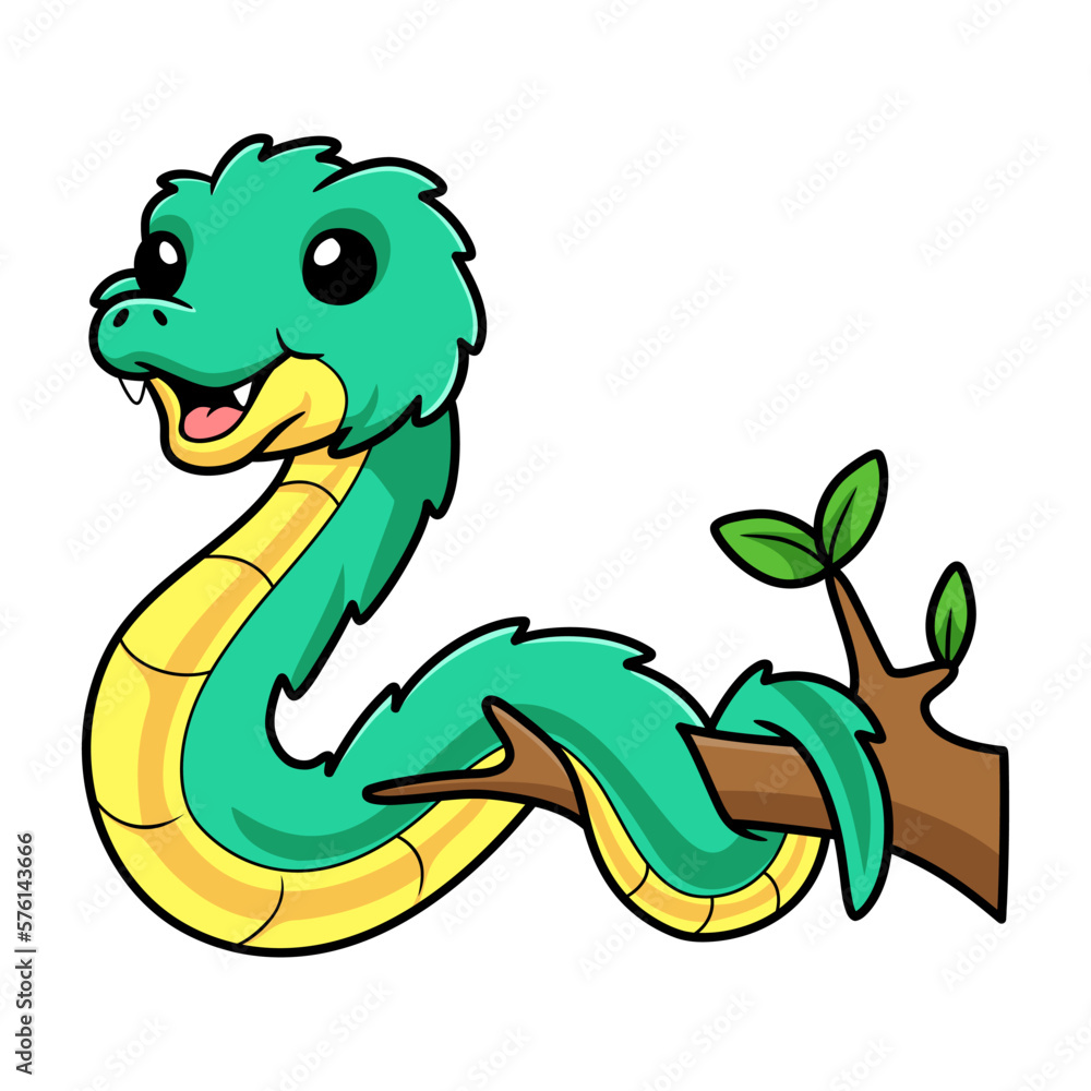 Fototapeta premium Cute green spiny bush viper cartoon on tree branch