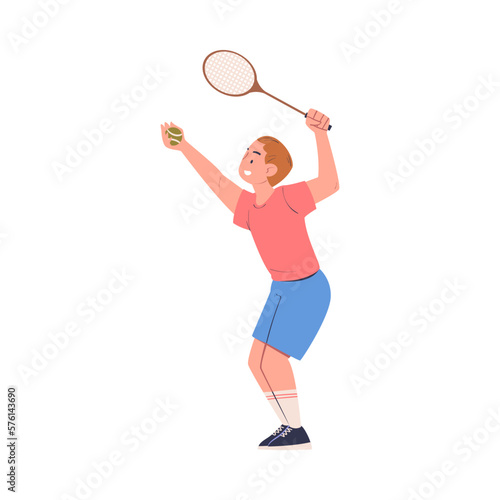 Smiling boy playing tennis. Child training on court with racket and ball cartoon vector illustration © topvectors