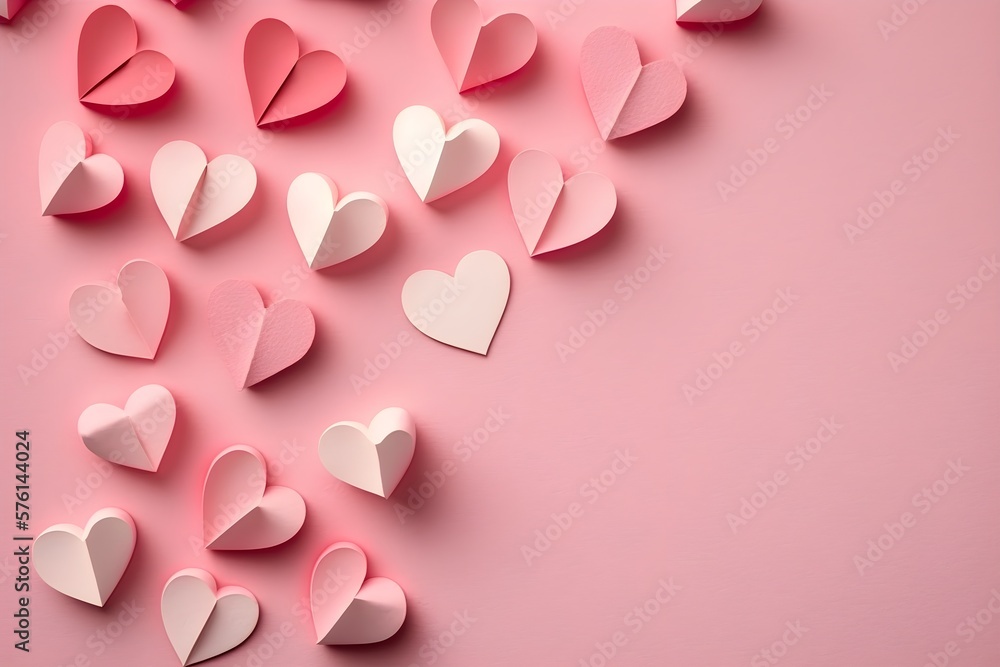 Background of paper hearts. Pink background. Wallpaper illustration. Top view, flat lay with copy space for text information or content. Mother's day, Women's day, Birthday, Wedding. Generative AI
