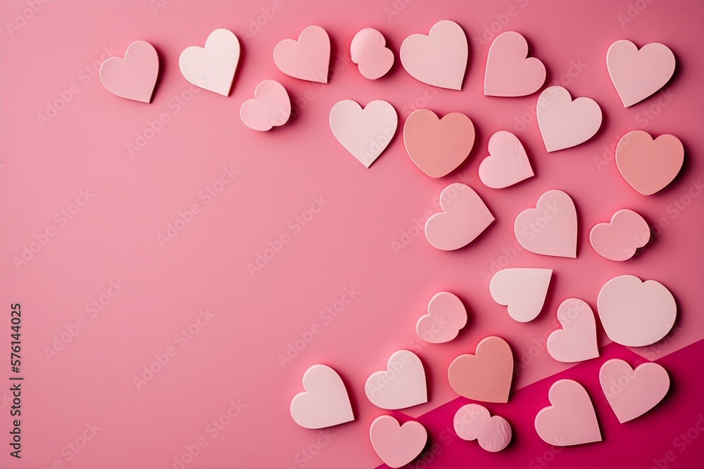 Background of paper hearts. Pink background. Wallpaper illustration. Top view, flat lay with copy space for text information or content. Mother's day, Women's day, Birthday, Wedding. Generative AI