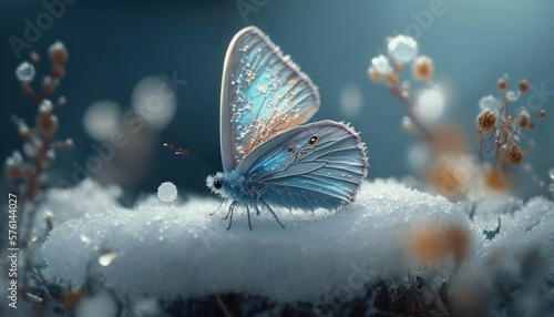 Winter's Magic: Serene Blue Butterfly in a Snowy Forest ai generative