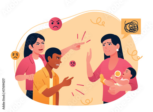 Social pressure concept. Man and woman yell at young mother with children. Conflicts, quarrels and scandals. Insults, criticism and bullying on social network. Cartoon flat vector illustration