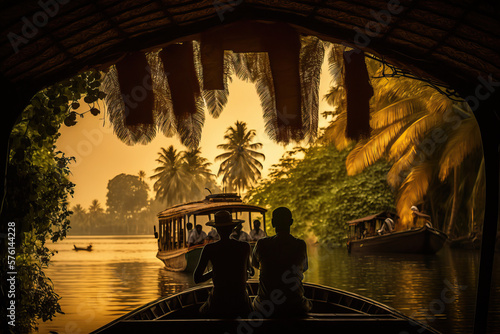 In Kerala, India, a couple cruising through serene backwaters on a traditional and romantic houseboat, watching the lush greenery and wildlife ai generative photo