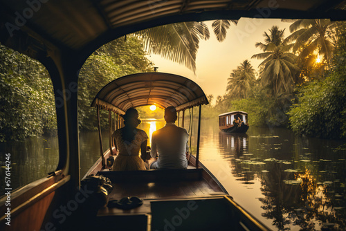 In Kerala, India, a couple cruising through serene backwaters on a traditional and romantic houseboat, watching the lush greenery and wildlife ai generative photo