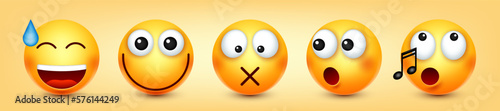 Cartoon emoji, emoticons collection. Yellow face with emotions, mood. Facial expression, realistic emoji. Sad, happy, angry faces. Funny character with smiling face. Vector illustration
