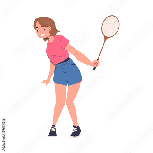 Happy teenage girl playing tennis. Smiling girl in t-shirt and shorts training with racket cartoon vector illustration