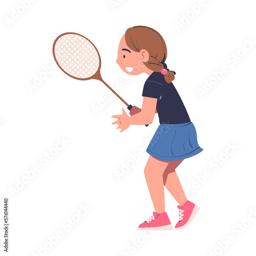 Cute little girl playing tennis. Happy child beating tennis ball with racket playing sports game cartoon vector illustration