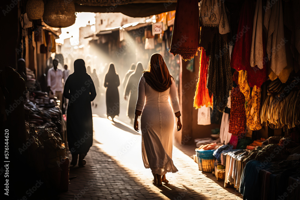 Africa, Morocco, Exploring the vibrant and exotic Moroccan souks of Marrakech at sunset with AI Generative
