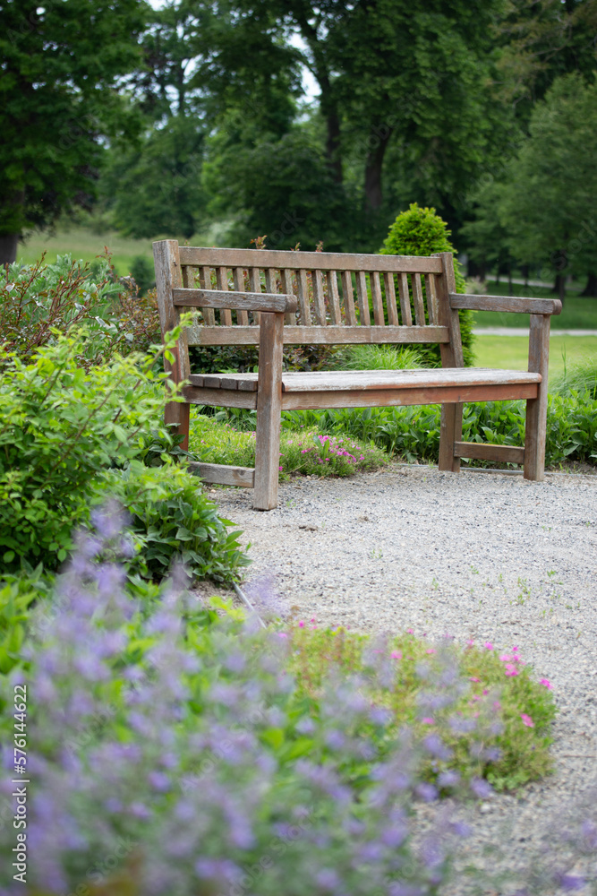 Romantic Wooden Garden Bench and Lavender Flowers in Spring in Austria Romantic Wooden Garden Bench and Lavender Flowers in Spring in Austria