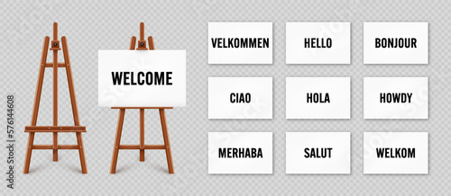 Realistic paint desk with text on white canvas. Wooden easel and a sheet of drawing paper. Presentation board on a tripod. You are welcome, greetings and respects. Vector illustration