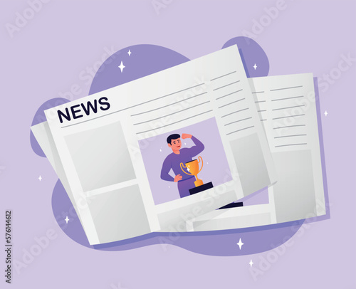 Weekly or daily newspaper. Man with golden goblet on pages. Poster or banner for website. Mass media, knowledge and information. Template, mockup and layout. Cartoon flat vector illustration