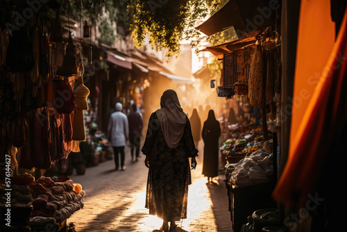 Africa  Morocco  Exploring the vibrant and exotic Moroccan souks of Marrakech at sunset with AI Generative