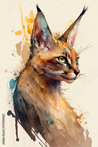 Watercolor portrait of a cute caracal cat. Abstract illustration of a wildcat in orange tones. Generative AI, aquarelle style. photo