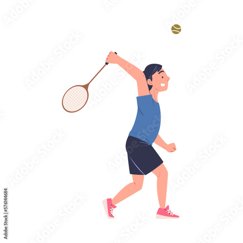 Happy teenage boy playing tennis. Teenager beating tennis ball with racket playing sports game cartoon vector illustration © topvectors