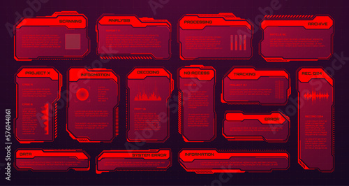 Red futuristic HUD or UI elements. Sci-fi user interface text boxes, callouts. Warning message frames, information boxes template. Modern game interface layout in digital style. Vector illustration