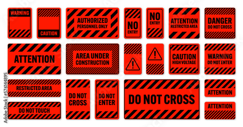 Various black and red warning signs with diagonal lines. Attention, danger or caution sign, construction site signage. Realistic notice signboard, warning banner, road shield. Vector illustration