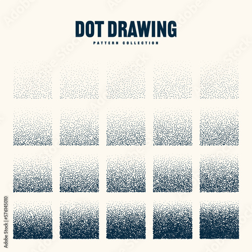 Square shaped dotted objects, vintage stipple elements. Stippling, dotwork drawing shading using dots. Halftone disintegration effect. White noise grainy texture. Fading gradient. Vector illustration