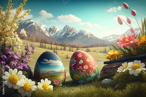 Colorful easter eggs with spring flowers and mountains in the background. Generative AI