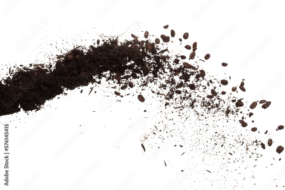 Fertilizer Coffee bean seed powder mixed soil fly fall, Fertilizer Coffee bean soil for planting float in air. Fertilizer Coffee bean throw in mid air. White background isolated high speed freeze