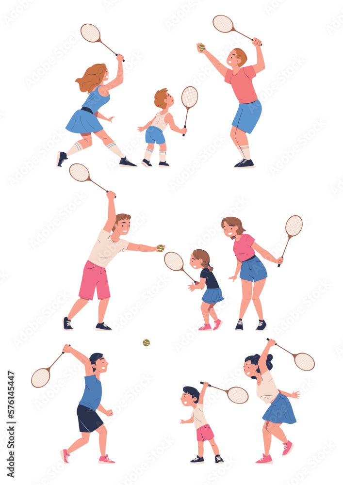 Happy people playing tennis set. Children training with rackets and ball cartoon vector illustration Happy people playing tennis set. Children training with rackets and ball cartoon vector illustration