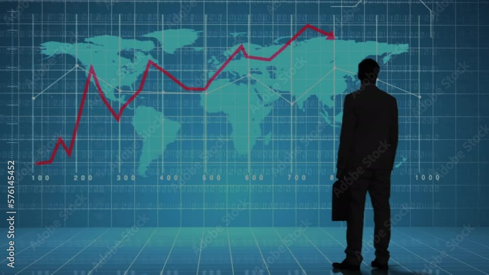 Animation of financial data processing over businessman and world map Animation of financial data processing over businessman and world map