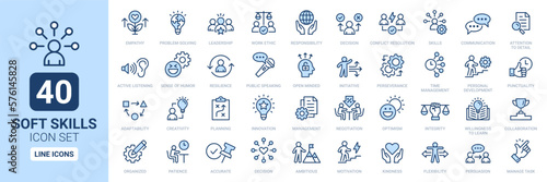 Soft skills icon set. Containing empathy, problem-solving, management, leadership, punctuality and communication line icon. Outline icon collection. photo