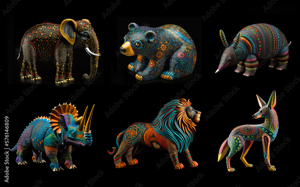 Obraz premium Set of six colorful, detailed, alebrije animal figures on a black background. Elephant, bear, armadillo, rhino, lion, coyote. Traditional Oaxaca Mexico carvings. Created with Generative AI technology.